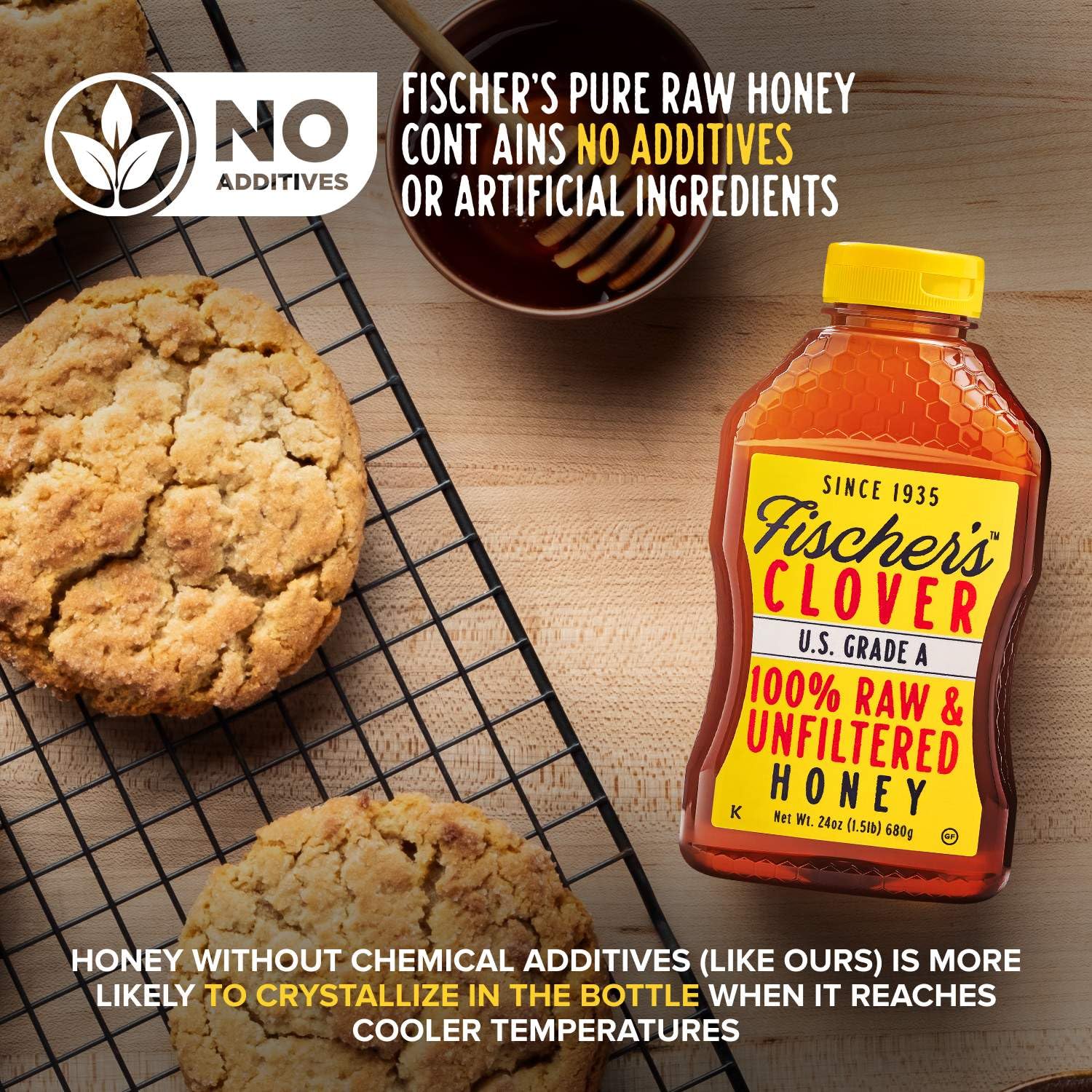 Fischer's 100% Pure Clover Honey – Unfiltered Raw Honey, 24 oz Squeeze Bottle – All-Natural Sweetener – Rich Flavor Profile, Packed with Nutrients