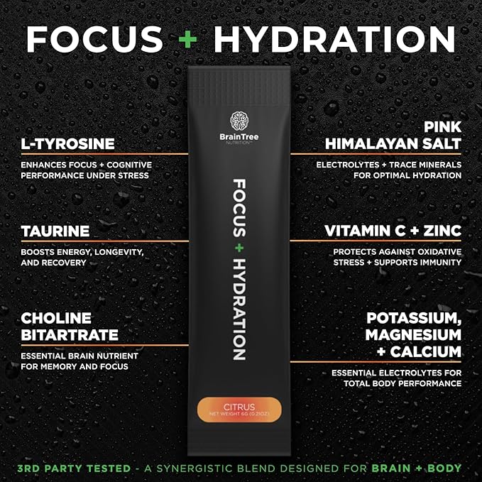 BrainTree Nutrition - Focus + Hydration - Electrolyte Drink Mix - Total Body Hydration - Supports Cognitive Function, Energy & Muscle Recovery - Sugar Free - Citrus - 30 Stick Packs