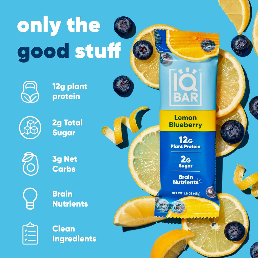 IQBAR Brain and Body Plant Protein Bars - Lemon Blueberry - 24-Count - Keto, Vegan, Low Carb, High Fiber, Gluten Free, Dairy Free, Low Sugar Snack with Nutrients for Focus, Energy, Meal Replacement