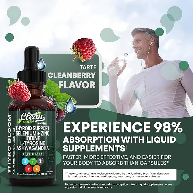 Clean Nutra Thyroid Support Drops Selenium Zinc Iodine L Tyrosine KSM66 Ashwagandha Vitamin D3 B12 A C Turmeric Kelp Schisandra Guggul Cayenne Basil Liquid Supplement Folate Copper Thyro Bloom Drop