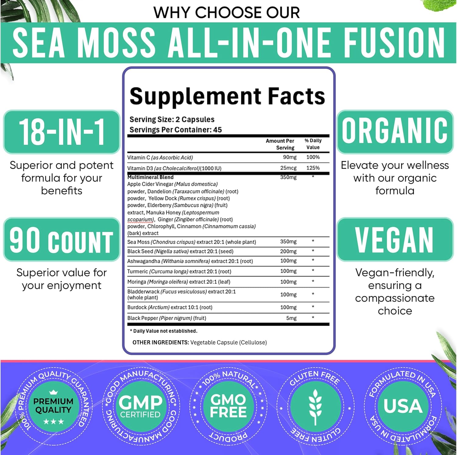 Adndale Sea Moss Black Seed Oil Ashwagandha Ginger Capsules. Sea Moss Capsules with Black Seed Oil, Ashwagandha, Turmeric, Moringa, Bladderwrack, Burdock Root, Manuka Honey, Cinnamon