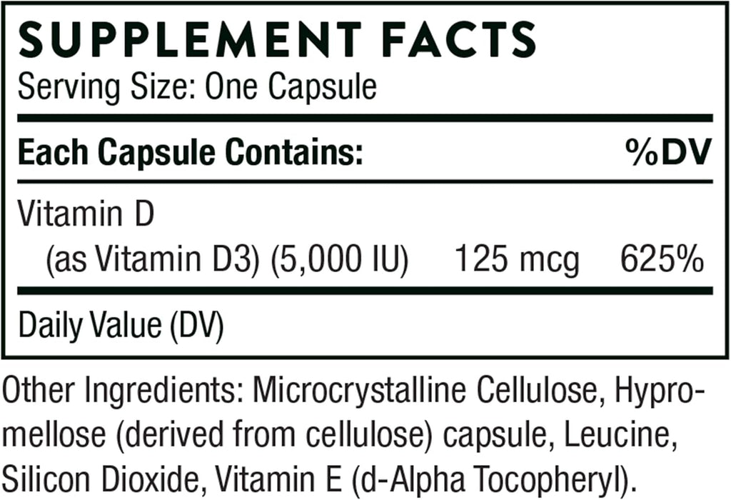 THORNE - Vitamin D-5000 - Vitamin D3 Supplement - Support Healthy Bones, Teeth, Muscles, Cardiovascular, and Immune Function* - NSF Certified for Sport - Dairy-Free, Soy-Free - 60 Capsules