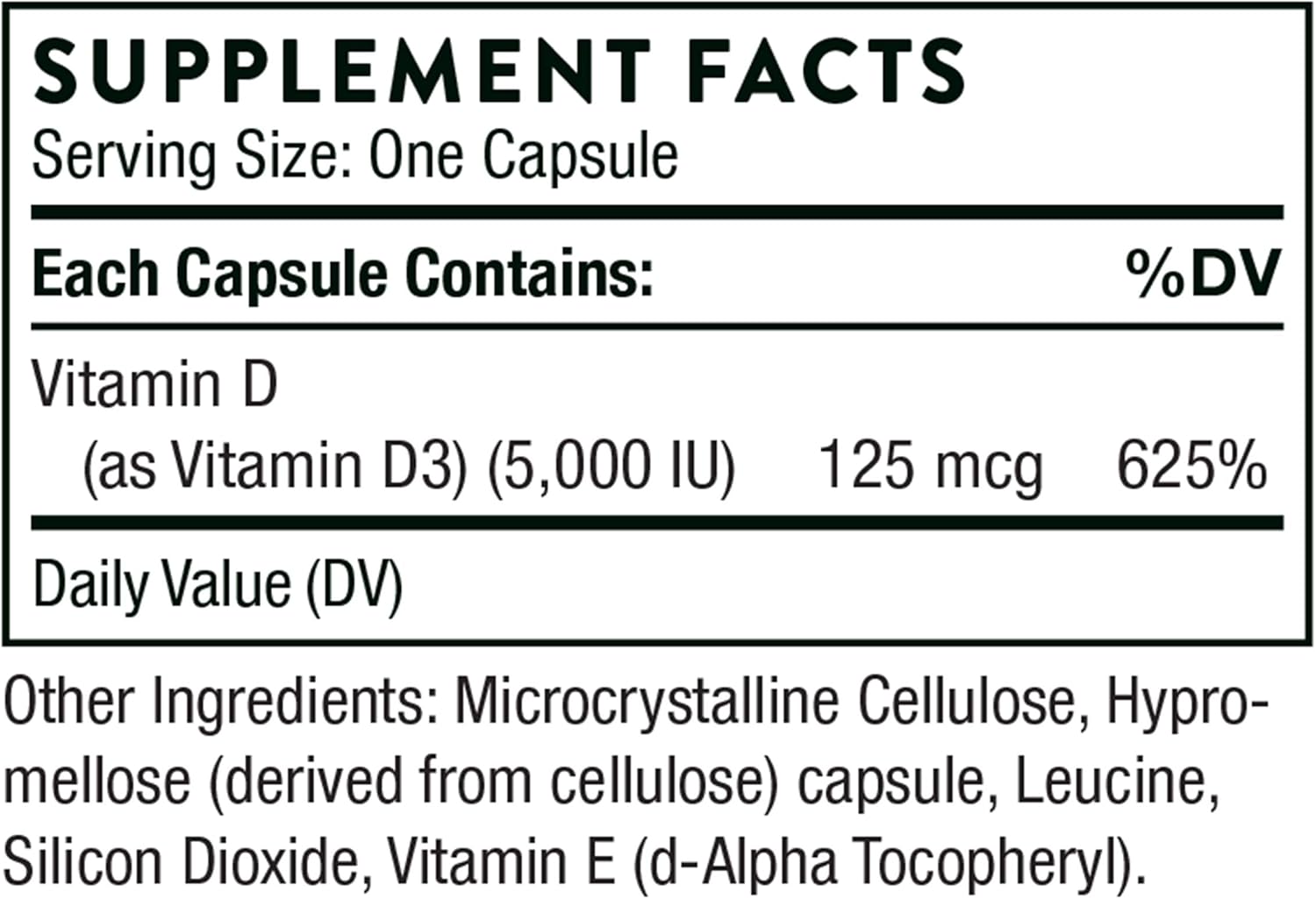 THORNE - Vitamin D-5000 - Vitamin D3 Supplement - Support Healthy Bones, Teeth, Muscles, Cardiovascular, and Immune Function* - NSF Certified for Sport - Dairy-Free, Soy-Free - 60 Capsules