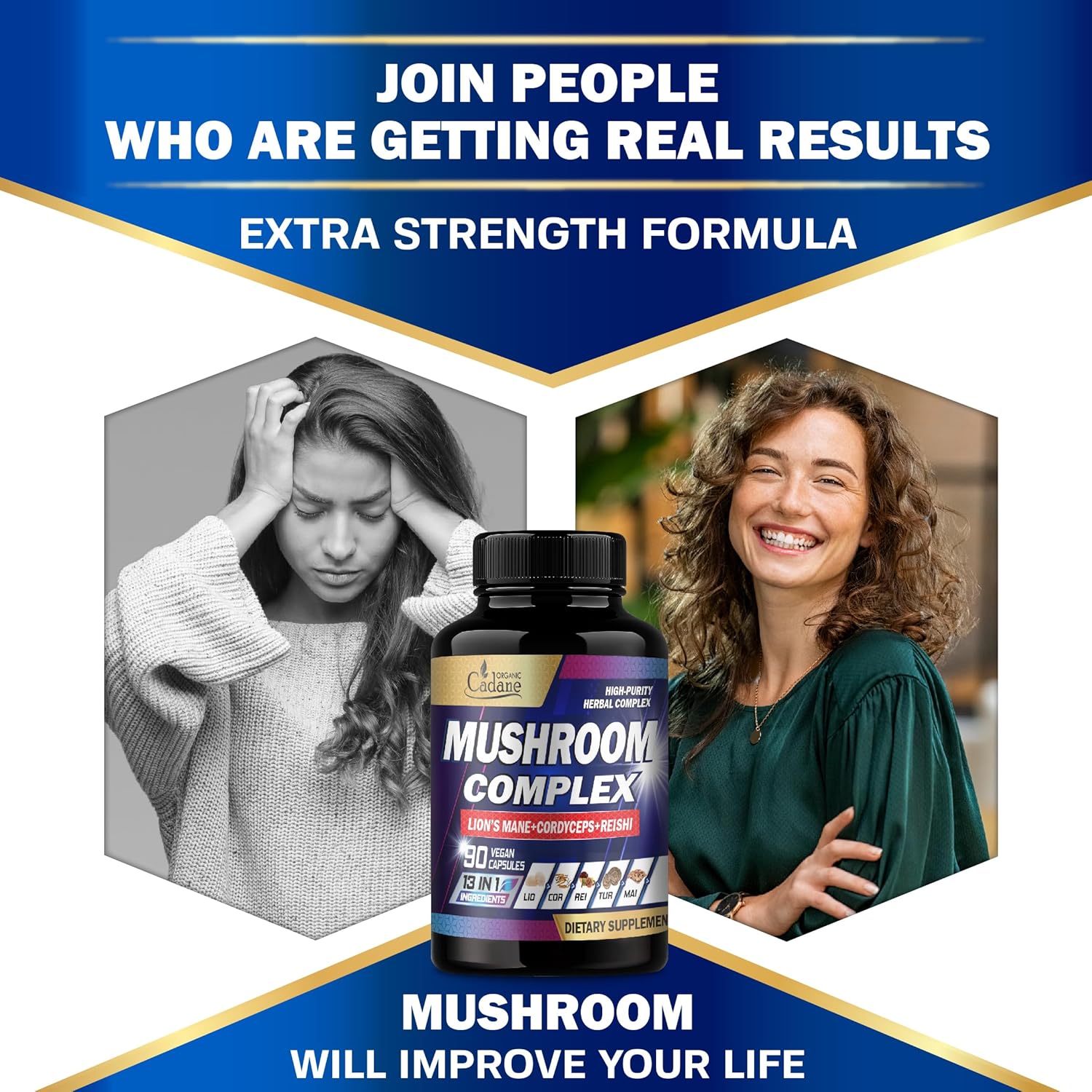 Cadane Mushroom Complex Supplements - 13in1 Concentrated with Lions Mane, Cordyceps Sinensis, Reishi, Turkey Tail Mushroom, Maitake, Chaga, Shiitake, Enoki, Agaricus, Oyster & More - 90 Vegan Capsules