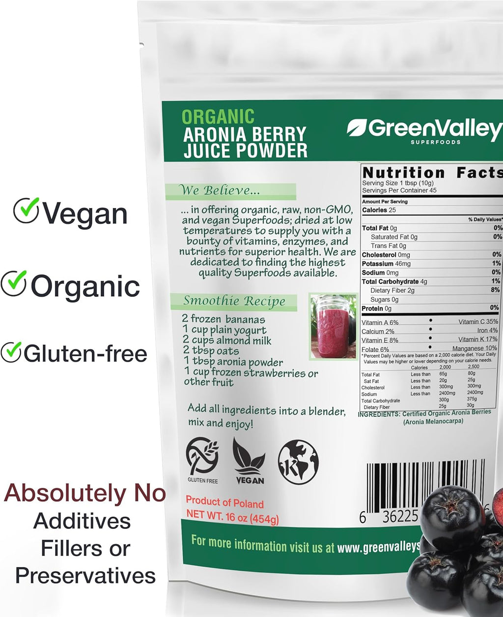 Green Valley Superfoods Organic Aronia Berry Juice Chokeberry Powder, Antioxidant Rich Anthocyanins (12 Ounce)
