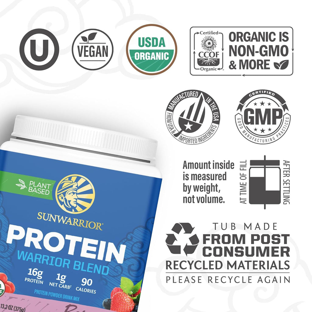 Vegan Protein Powder with BCAA | Organic Hemp Seed Protein Gluten Free Non-GMO Dairy Free Soy Sugar Free Low Carb Plant Based Protein Powder | Berry 15 SRV 375 G | Warrior Blend by Sunwarrior