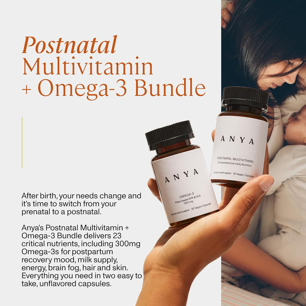 ANYA Postnatal Vitamin Bundle – Postpartum Multivitamin with Vitamins C, D, B12, Zinc & Omega-3 with DHA and EPA Supplement for Breastfeeding, Lactation, and Hair Loss – Vegan, Non-GMO, Gluten-Free
