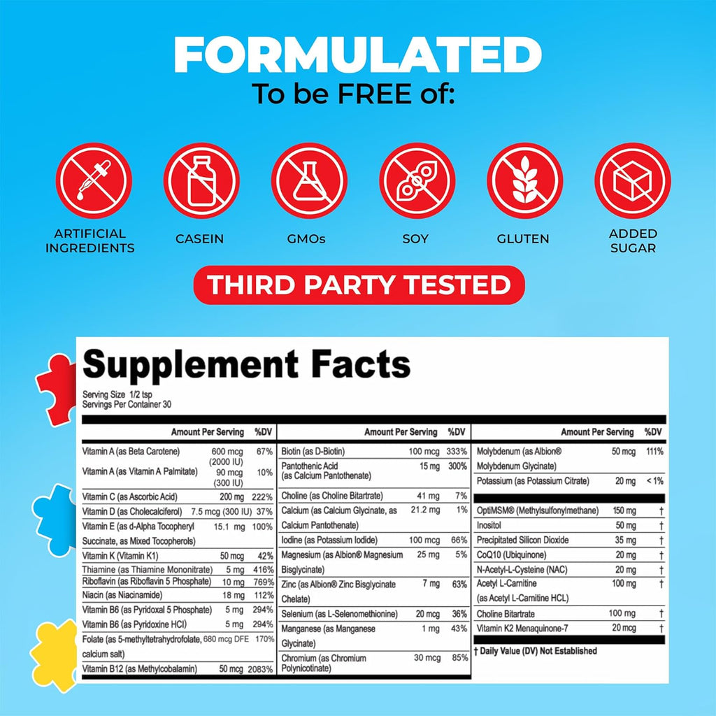 Kids Powder Multivitamin - Powder Supplement, Better Absorption, Non-GMO, Non-Gluten, No Artificial Ingredients - Neural Help for Children on The Spectrum - 30 Servings