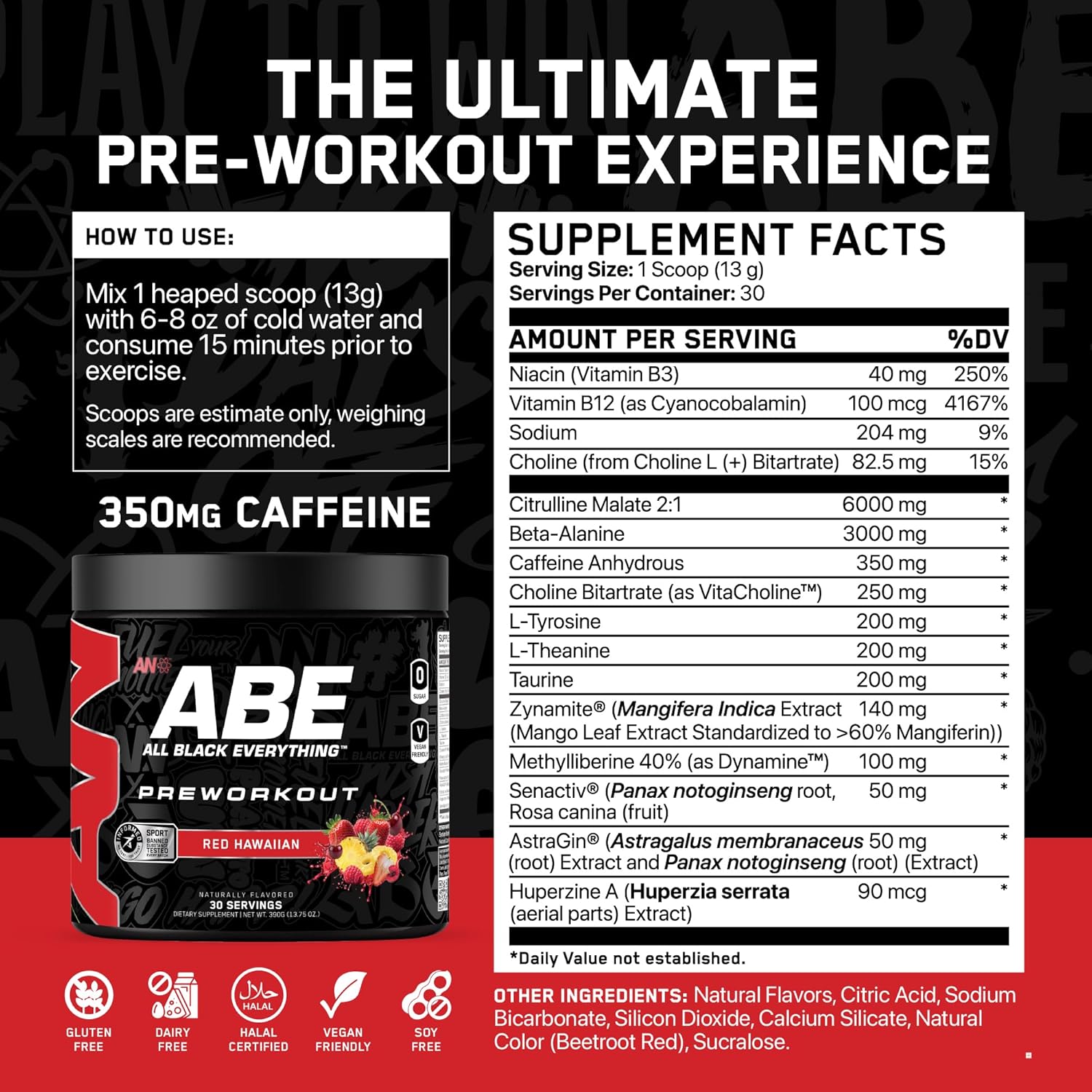 All Black Everything Pre Workout Powder | 30 Servings | Red Hawaiian | 350mg Caffeine | Nootropic Pre-Workout Blend | Beta Alanine + Citrulline | Energy Supplement for Men and Women