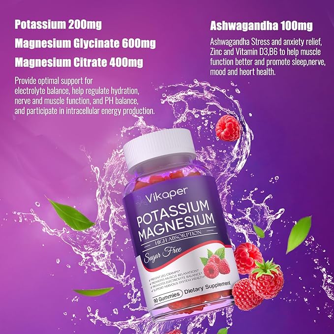 Potassium Magnesium Gummies 1200 mg for Adults Sugar-Free High Absorption Magnesium Glycinate Supplement,Supports Leg Cramps,Muscle,Heart Health,Non-GMO Magnesium Gummy Raspberry Flavor 180 Count