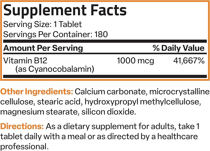Bronson Vitamin B12 1000 mcg Sustained Release Premium Non GMO Tablets Supports Nervous System, Healthy Brain Function and Energy Production, 180 Tablets