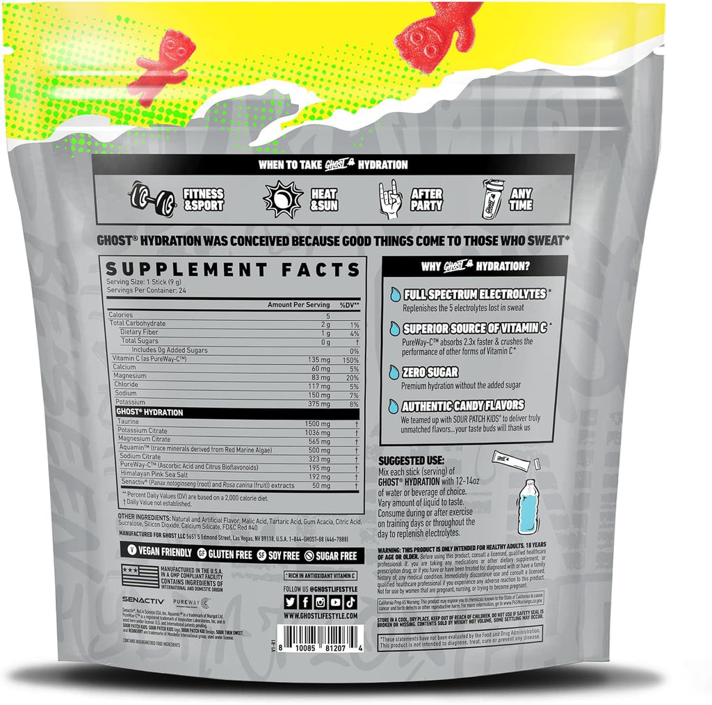 GHOST Hydration Packets, Sour Patch Kids Redberry, 24 Sticks, Electrolyte Powder - Drink Mix Supplement with Magnesium, Potassium, Calcium, Vitamin C - Vegan, Free of Soy, Sugar & Gluten
