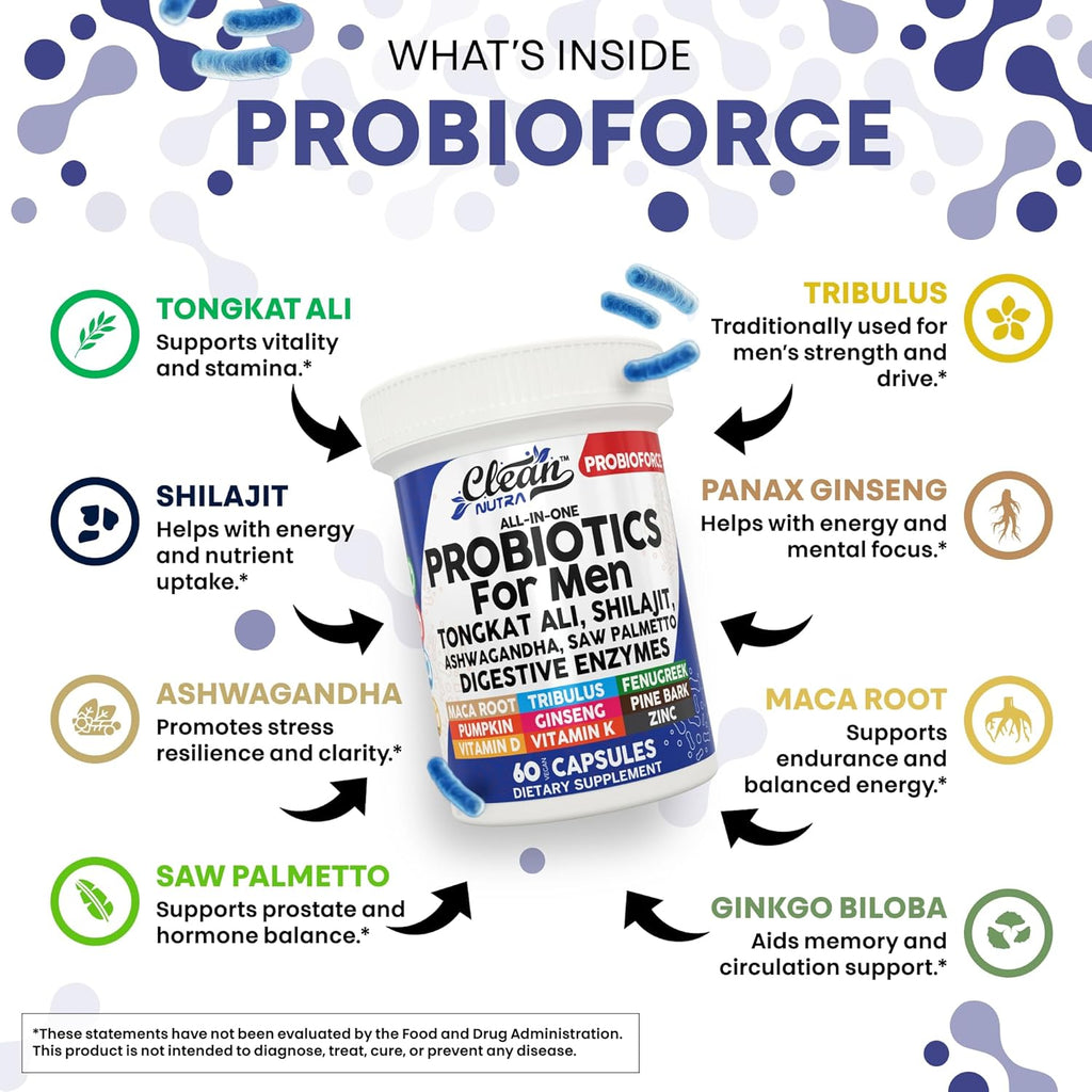 Clean Nutra Probiotics for Men | Tongkat Ali, Saw Palmetto, Tribulus, Ginseng, Ashwagandha, Maca, Pumpkin, Gingko Biloba, Pine Bark, Fenugreek, Shilajit, Zinc - Mens Probiotic 60 Capsules