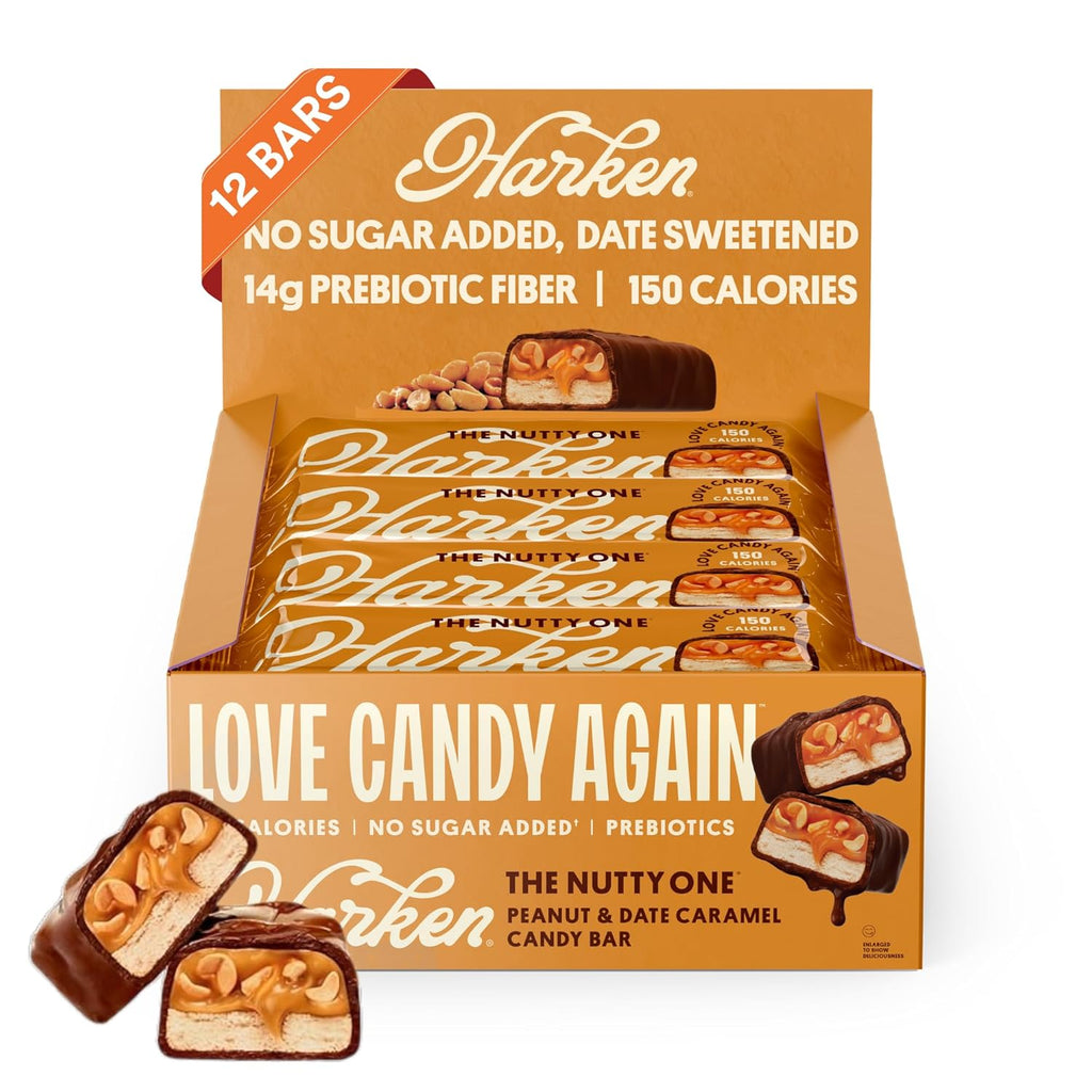 Harken Sweets The Nutty One, Oat Milk Chocolate Candy Bars with Peanuts and Date Caramel, Sweetened with Dates and No Sugar Added, High Fiber, Gluten-Free, Plant-Based, 12 Bars