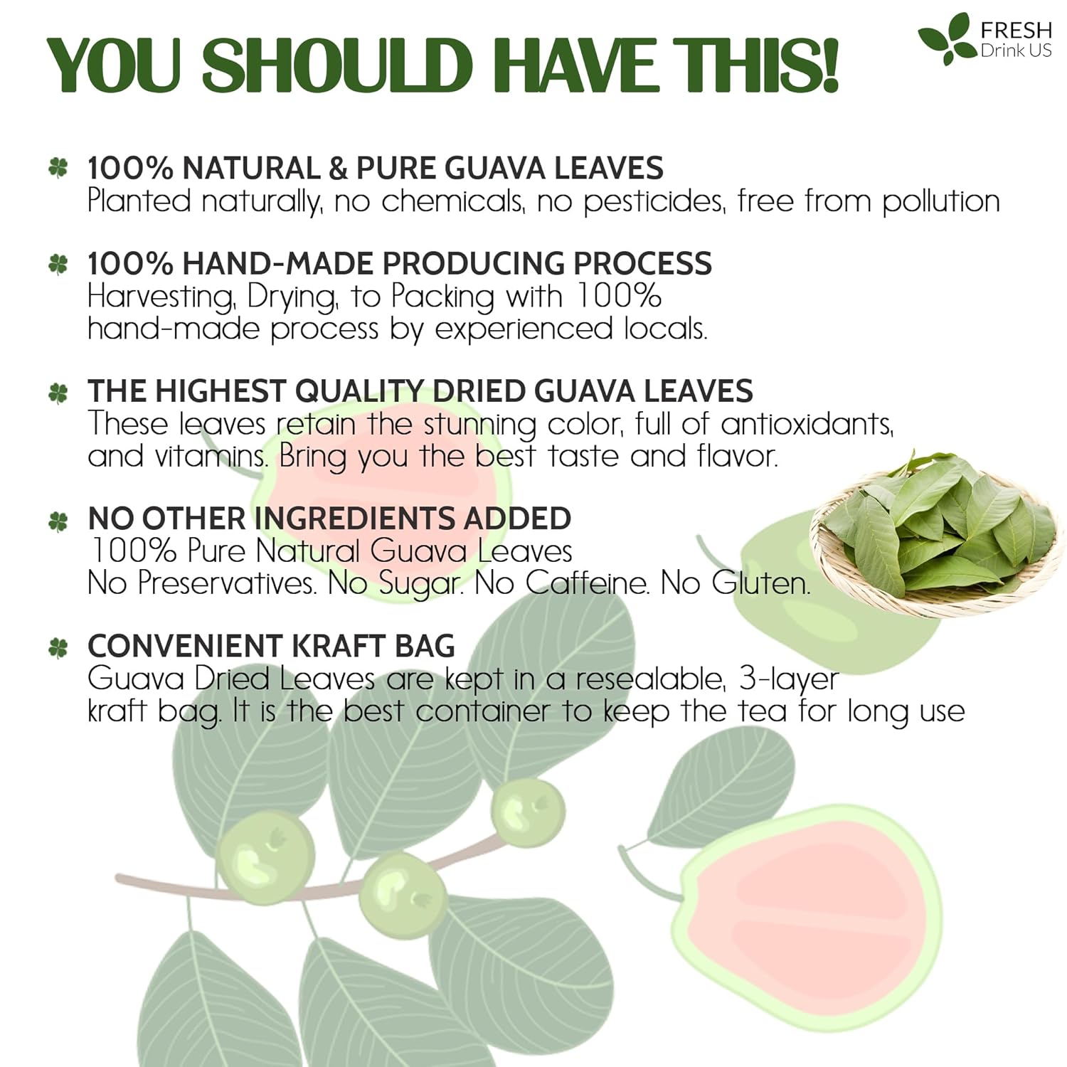 FreshDrinkUS, 6oz Guava Dried Leaves (CUT & SIFTED), 100% Natural & Pure from Dried Guava Leaves, Guava Loose Leaf Tea, No Additives, No Caffeine, Vegan