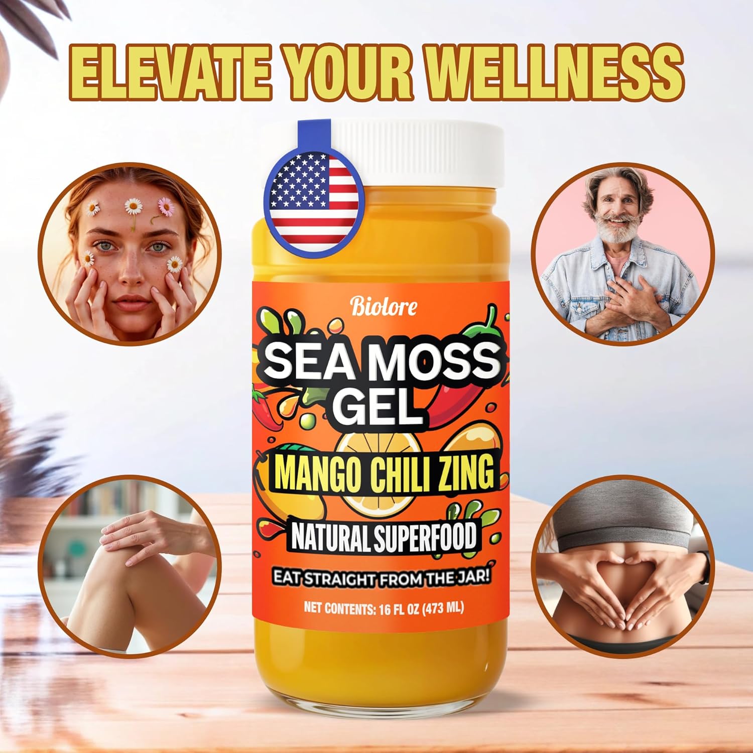 Biolore Mango Chili Zing Sea Moss Gel 16 oz - No Added Sugar, Vegan, Made in USA - Wildcrafted Sea Moss Superfood with 92 Essential Vitamins - Ready to Use, No Prep Needed