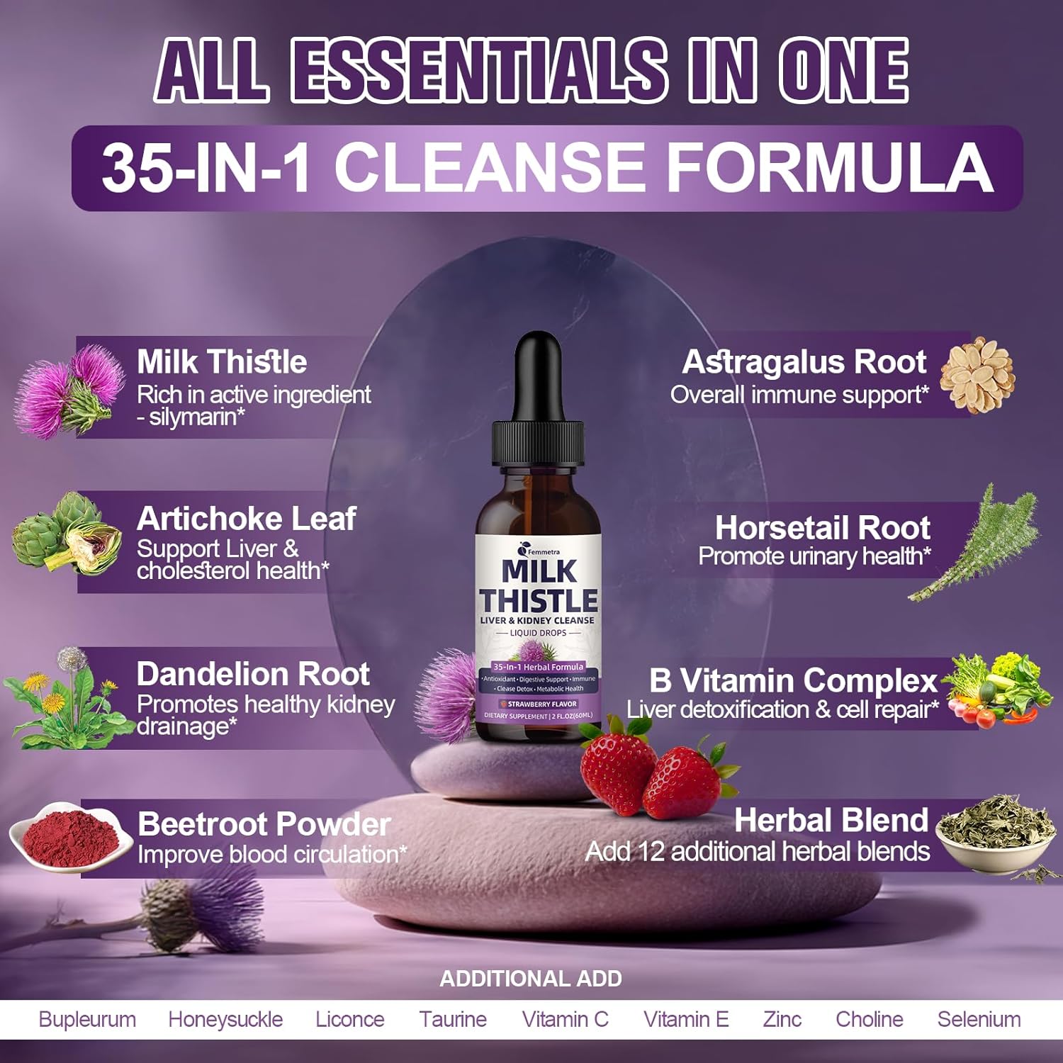 Milk Thistle Extract Liquid Drops for Liver Cleanse Detox & Repair, 35-IN-1 Kidney Support Supplement with Artichoke & Dandelion for Urinary Tract, Bladder, Vegan, Non-GMO, Strawberry Flavor, 2 FL OZ