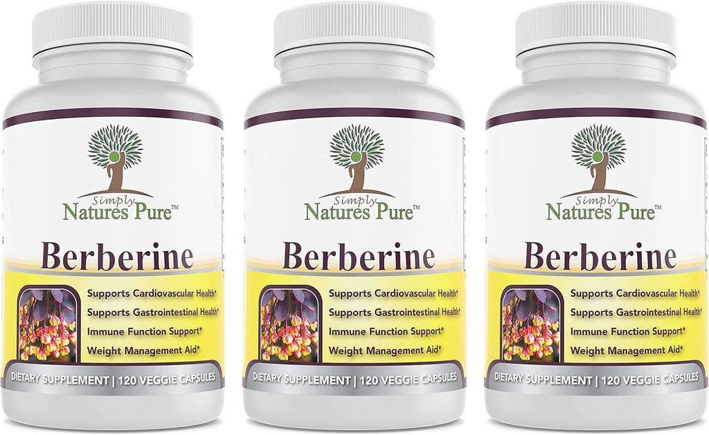 Simply Natures Pure Premium Berberine HCl 500mg - 120 Capsules - Cardiovascular Gastrointestinal Immune Support - Chromium Cinnamon (Pack of 3)