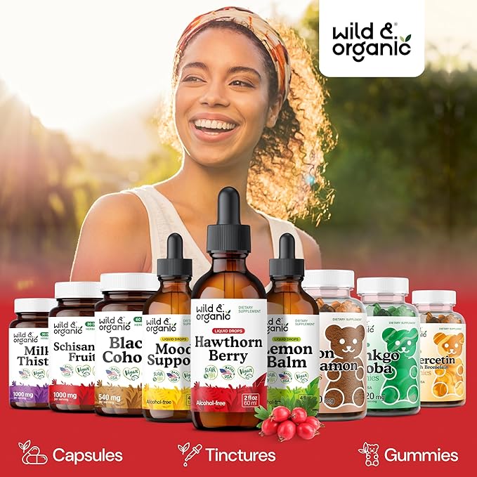 Wild & Organic Hawthorn Berry Extract Drops 600 mg - Liquid Hawthorne Supplement for Overall Support - Vegan, Sugar & Alcohol-Free Herb Tincture - 2 fl oz