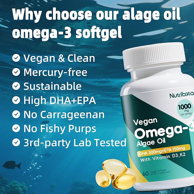 Vegan Omega 3 Softgels | 1000mg Algae Oil as Fish Oil Alternative | 300mg DHA + 150mg EPA | Omega 3 Supplements with Vitamin D3 & K2 for Brain, Eye, Skin& Immunity | 60 Count