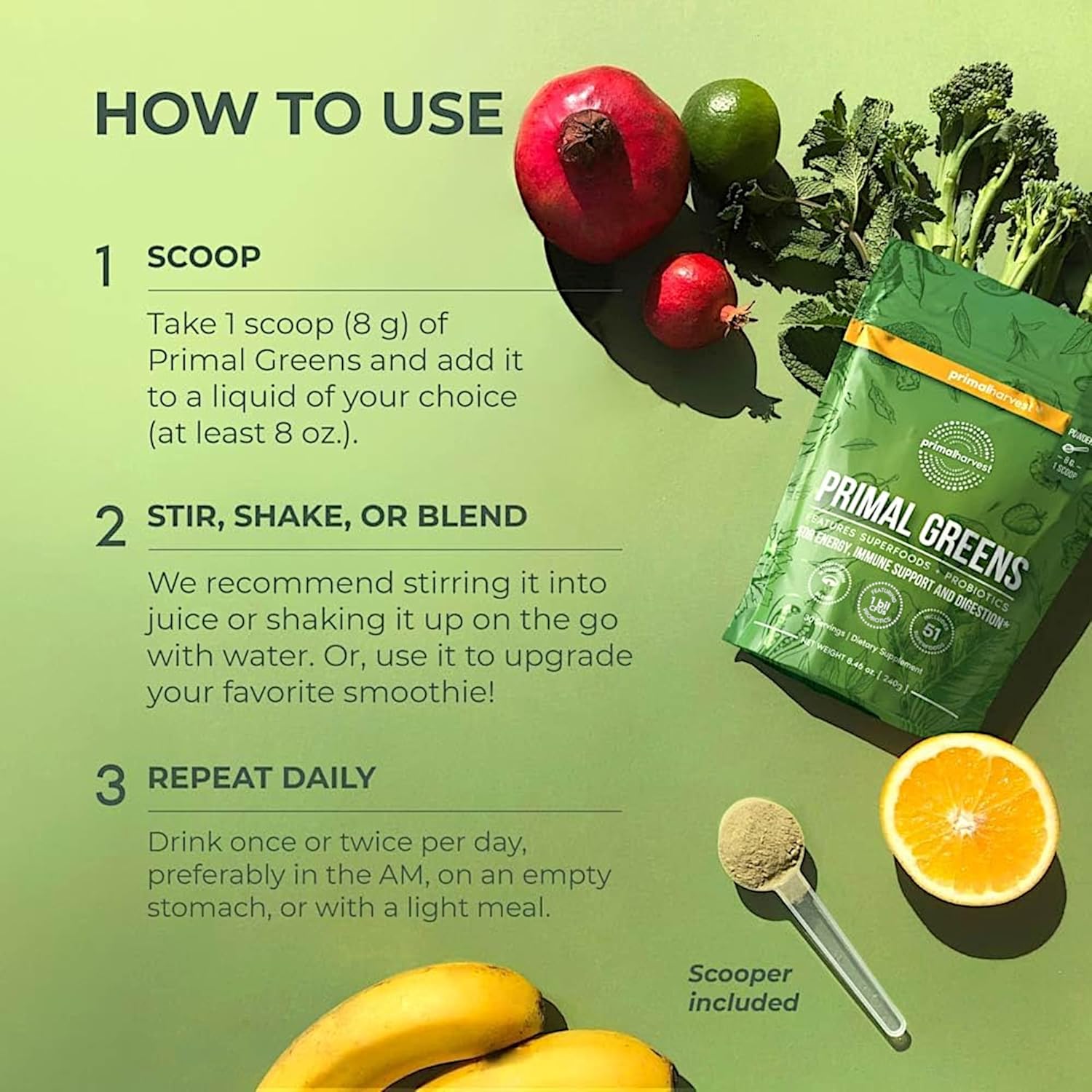 Primal Harvest Super Greens Powder, 30 Servings w/+50 Greens Superfood Chlorella, Probiotics, Green Tea, Wheatgrass, Kale, Turmeric for Energy,Primal Greens