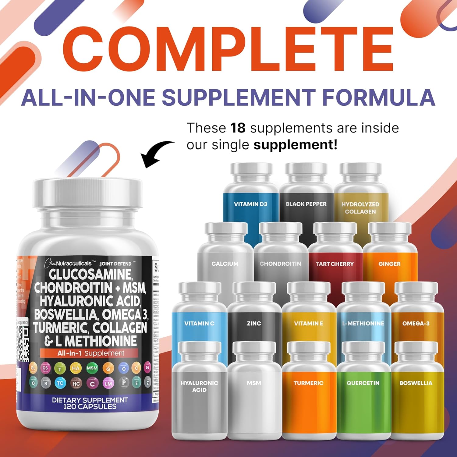 Clean Nutraceuticals Glucosamine Chondroitin MSM 1500mg with Turmeric Curcumin, Collagen, Hyaluronic Acid, Omega 3 – Joint Health Supplement for Men & Women (120 Count (Pack of 2))
