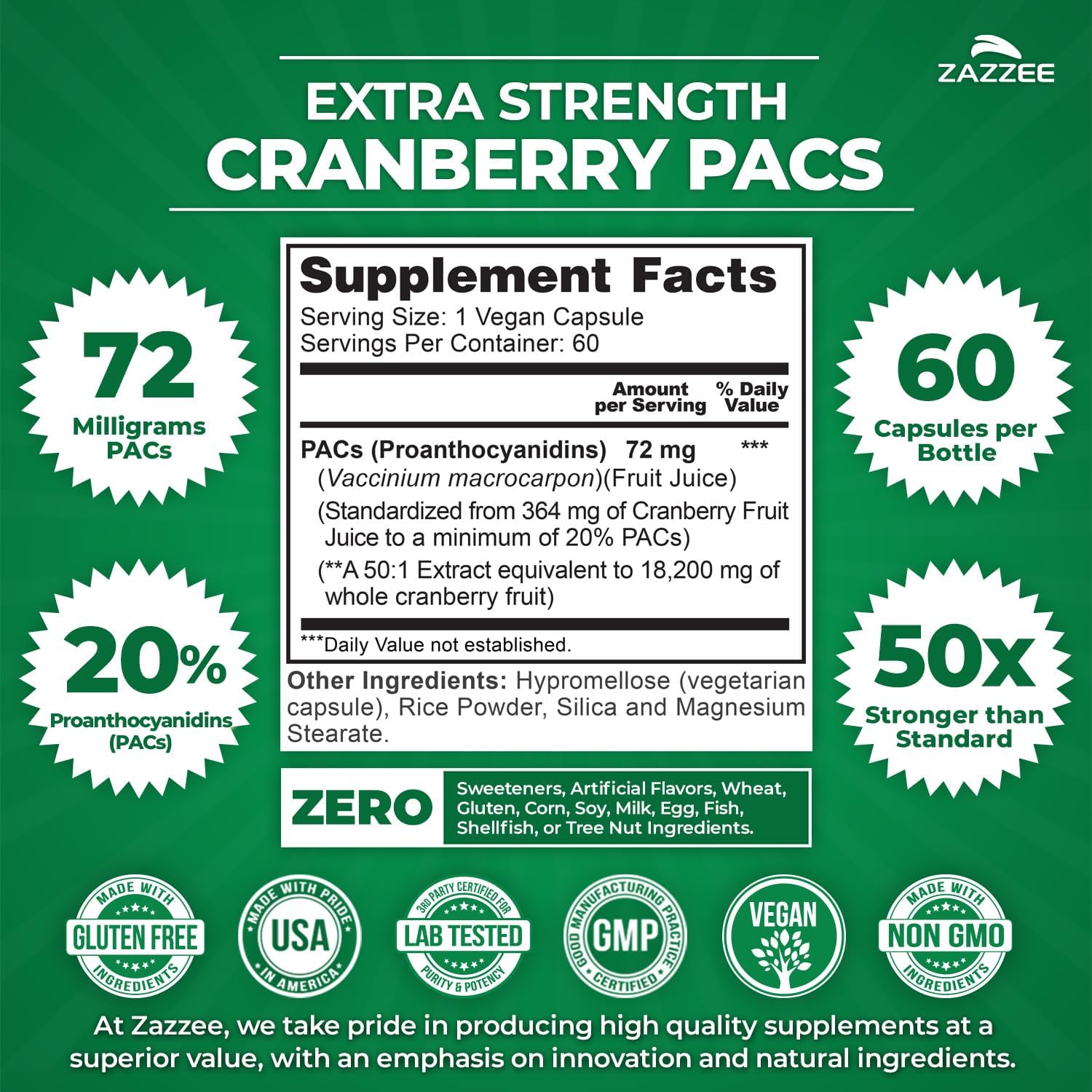 Zazzee Cranberry PACs, 72 mg PACs per Capsule, 2X Strength, 100% Soluble, 60 Vegan Capsules, 50:1 Extract, 18,200 mg Strength, Fast-Acting, Effective Urinary Tract Support, Made in The USA