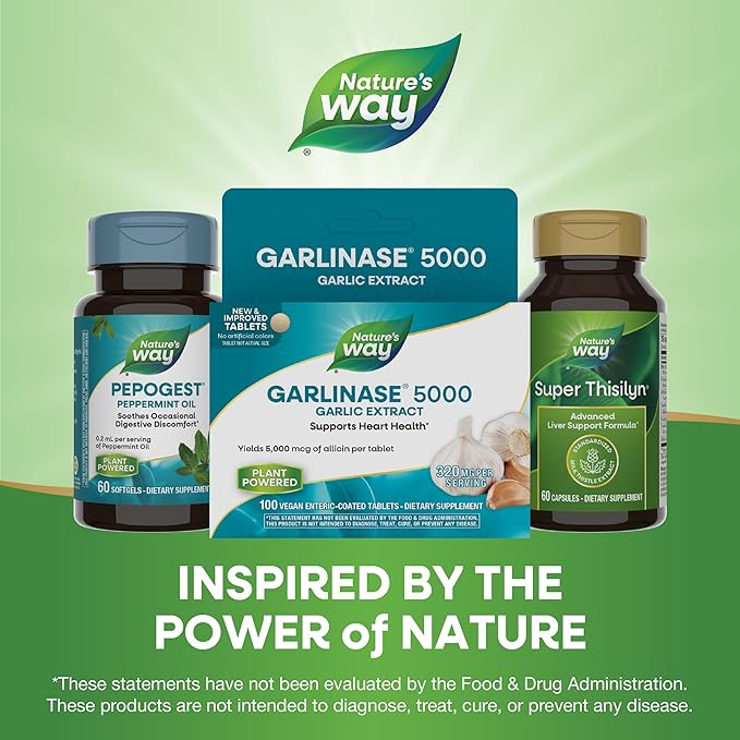 Nature's Way Garlinase 5000, Garlic Extract, Supports Heart Health*, Odorless Garlic Supplements, Vegan, 100 Tablets