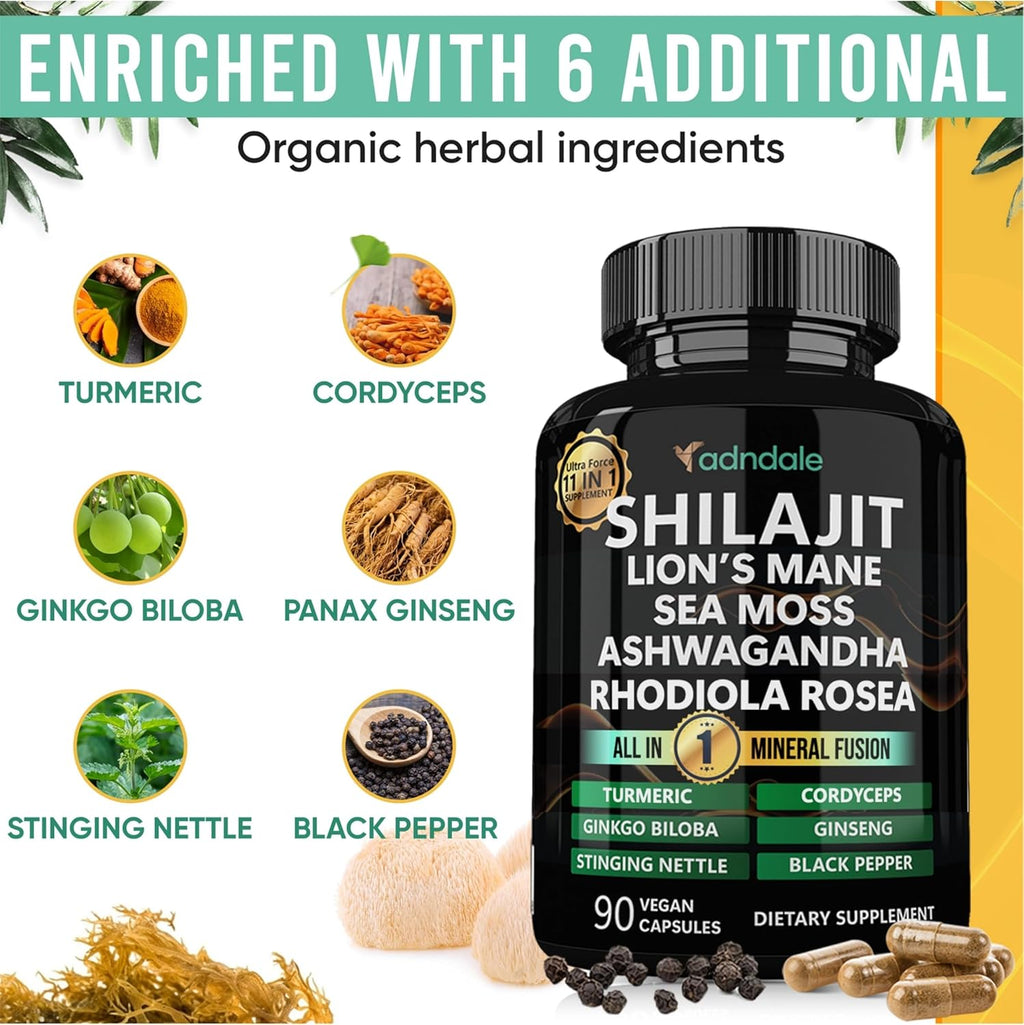 Adndale Shilajit Ultra Force 11-in-1. Pure Himalayan Organic Shilajit for Men and Women Capsules with Sea Moss Ashwagandha Rhodiola Rosea Lion’s Mane. 90 Count