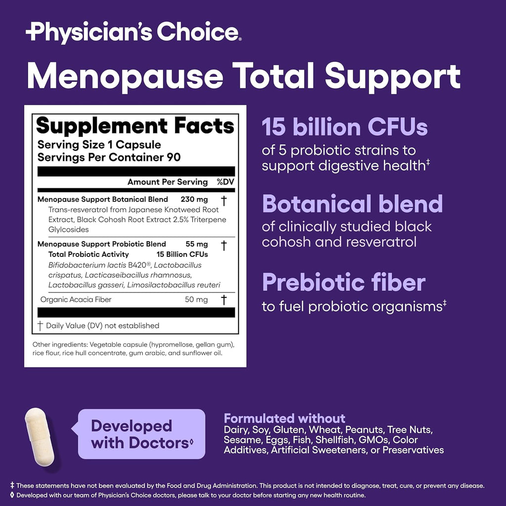 Physician's CHOICE Menopause Probiotic Supplement for Women - Supports Hormone Balance, Hot Flashes, Night Sweats, Weight Management, Bloating & Gut Health - with Black Cohosh, Resveratrol+ - 90ct