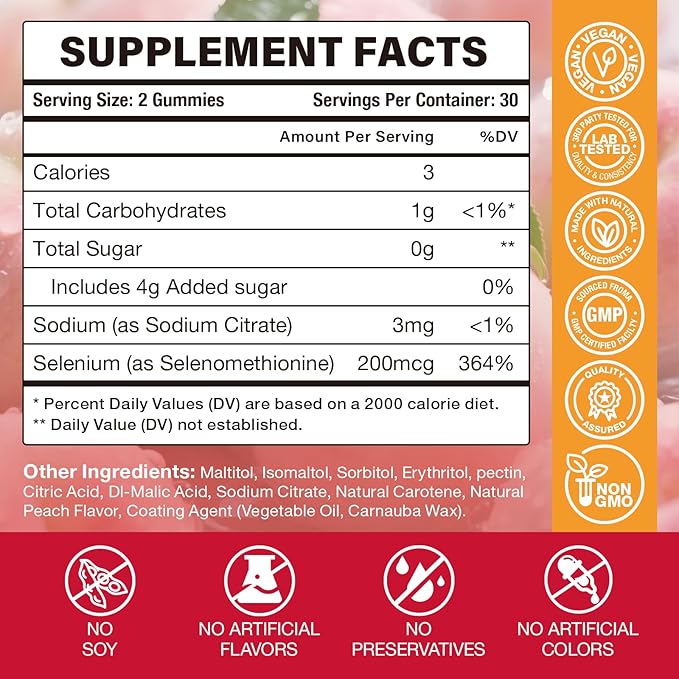 Selenium Supplement for Thyroid Support Gummies 200mcg as Energy Booster for Women and Men, Peach Flavor (60 Count（Pack of 2)
