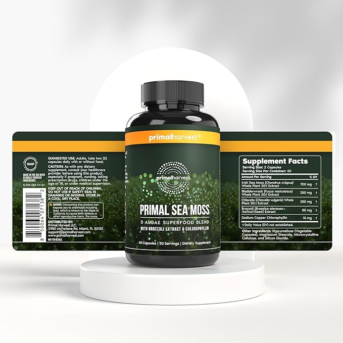 Primal Harvest Sea Moss Capsules with Bladderwack and Irish Sea Moss, Chlorella, Broccoli Seed Extract Plant-Based Supplements for Adults