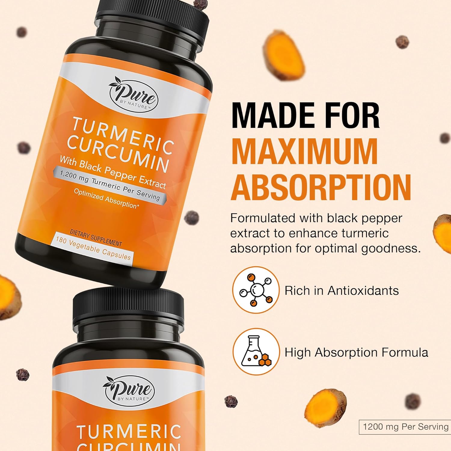 Pure By Nature Turmeric Curcumin with Black Pepper Extract 10 mg Capsules, 1200 mg per Serving, Organic, High Absorption Antioxidant Support (180 Count)