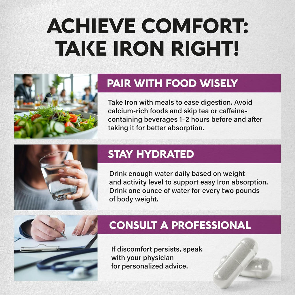 Iron Supplement for Women - Iron 65mg (Ferrous Sulfate 325mg) - Stomach Friendly | Slow Release Iron | High Absorption - Vitamins C, D3, B6, B12 & Folate - Iron Level & Energy Support - 60 Capsules