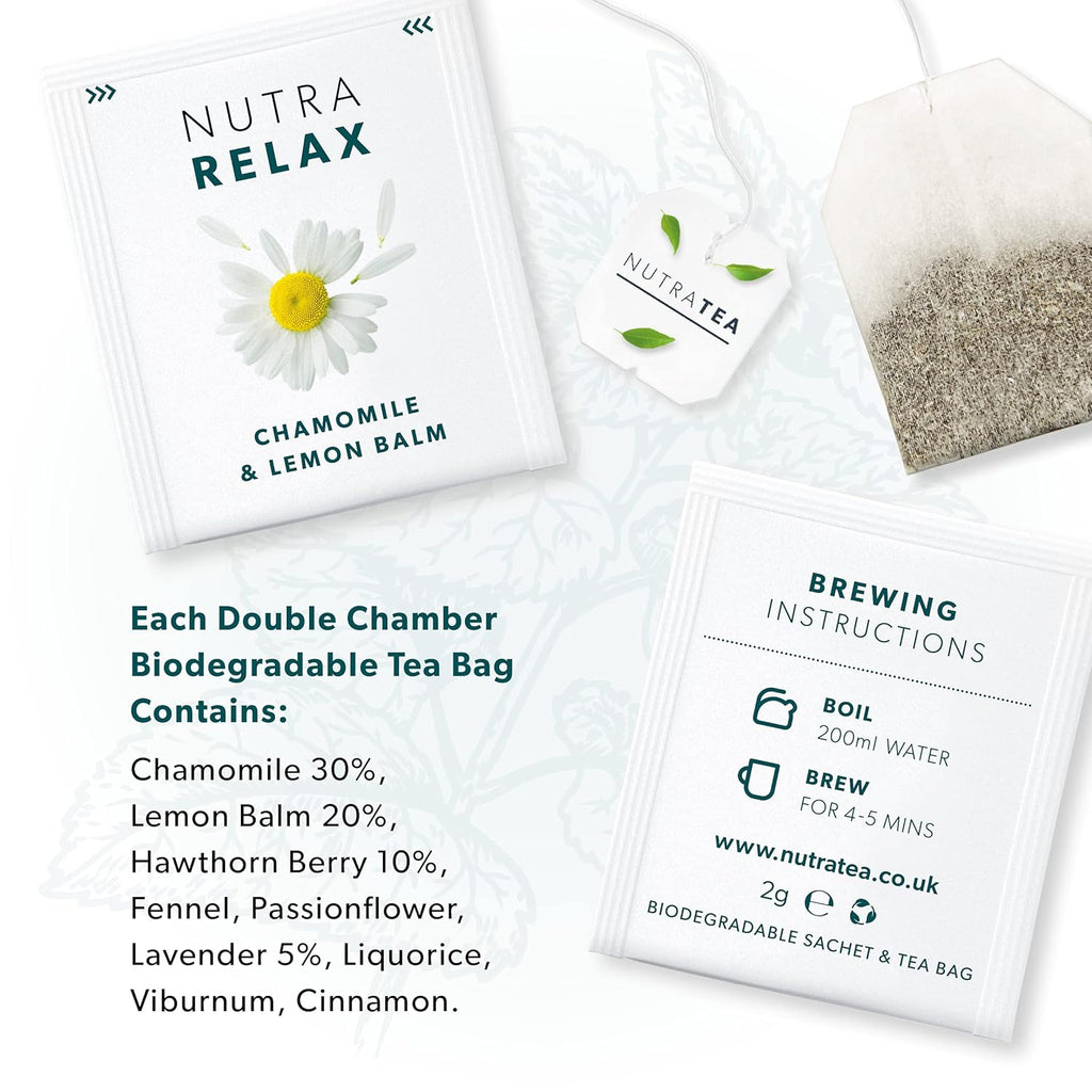 Nutra Tea NUTRARELAX - Sleep Tea | Stress Relief Tea | Calming Teas – For Relieving Stress & A Good Night’s Sleep – Includes Chamomile, Lemon Balm and Passionflower - 40 Individually Wrapped Bags - Herbal Teas (2 Pack)