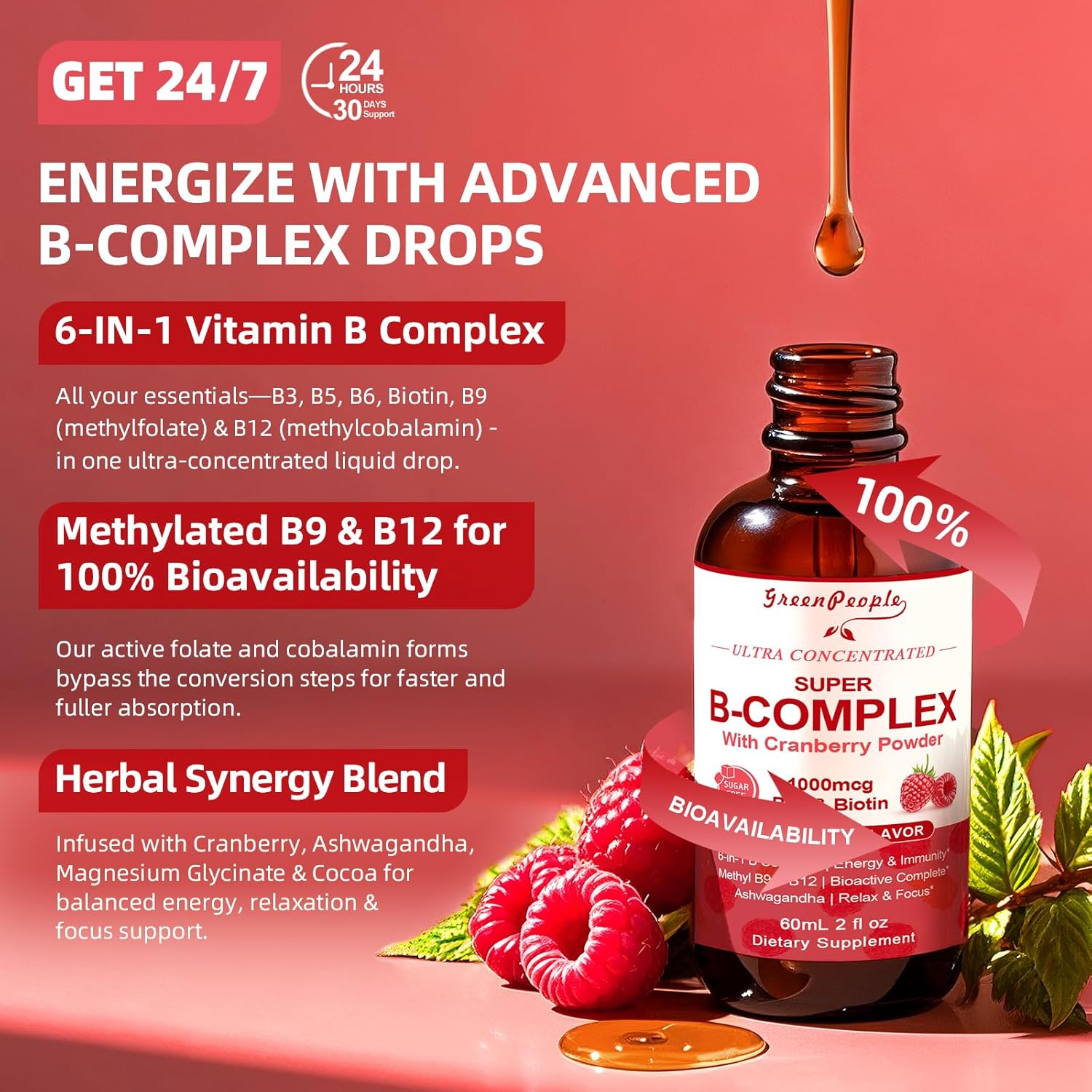 Super B Complex Liquid | B12 Methylcobalamin + Methyl Folate | B Vitamins Complex Liquid Drops with B3,B5,B6,B7, Ashwagandha & L-Theanine for Energy, Focus & Immunity, 4 fl Vegan Raspberry