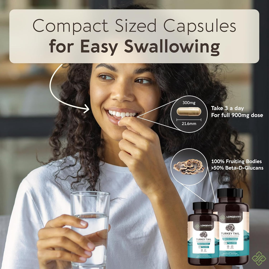 Organic Turkey Tail Mushroom Capsules Supplement (120) | Pure Fruiting Body 10:1 High Strength Extract | 50% Beta-D Glucans | 9,000mg Raw Equivalent Per Serving | Immune, Gut & Microbiome Support
