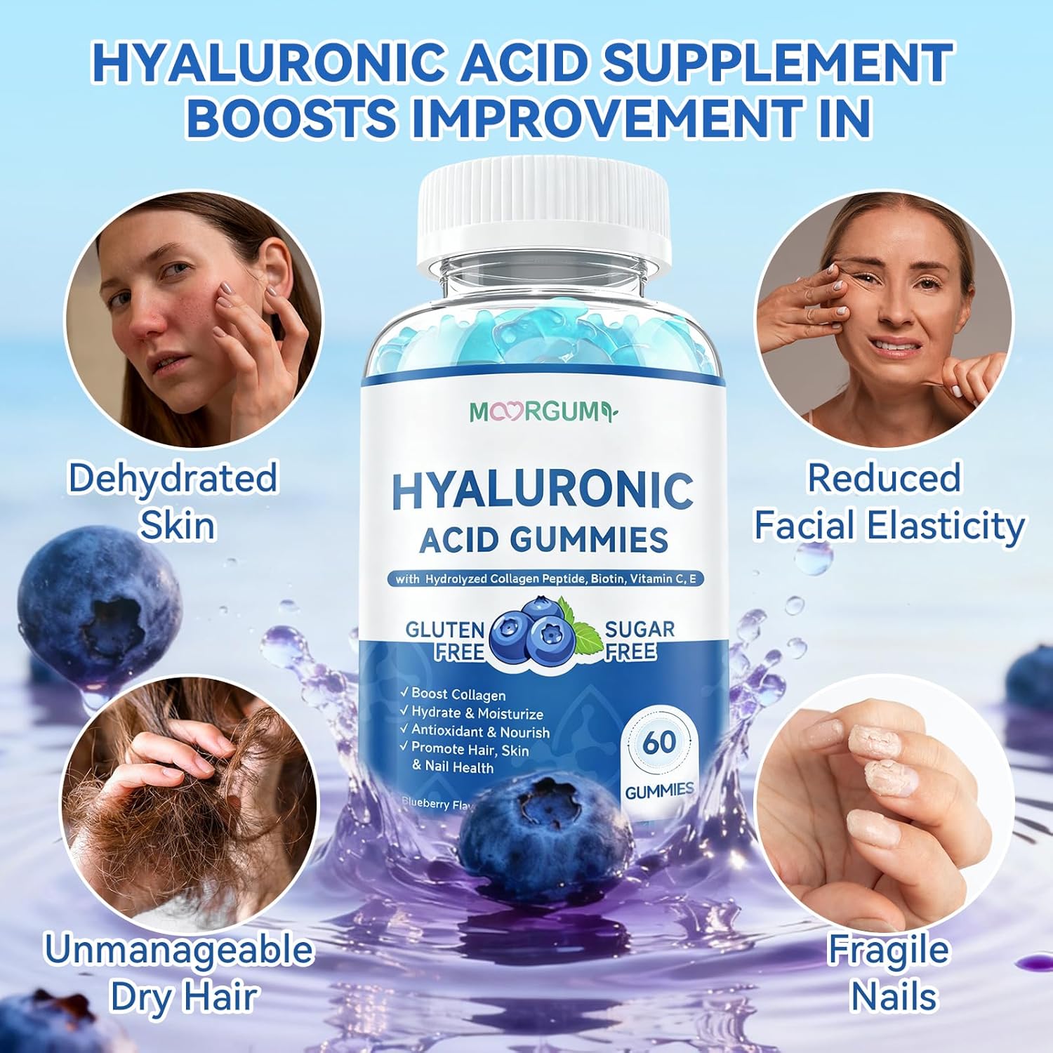 Hyaluronic Acid Supplements 1000 mg, with Hydrolyzed Collagen Peptide, Biotin, Vitamin C & E, Supports Skin, Hair & Nails Health, Bioavailable Formula Gummies, Blueberry Flavor, 120 Count