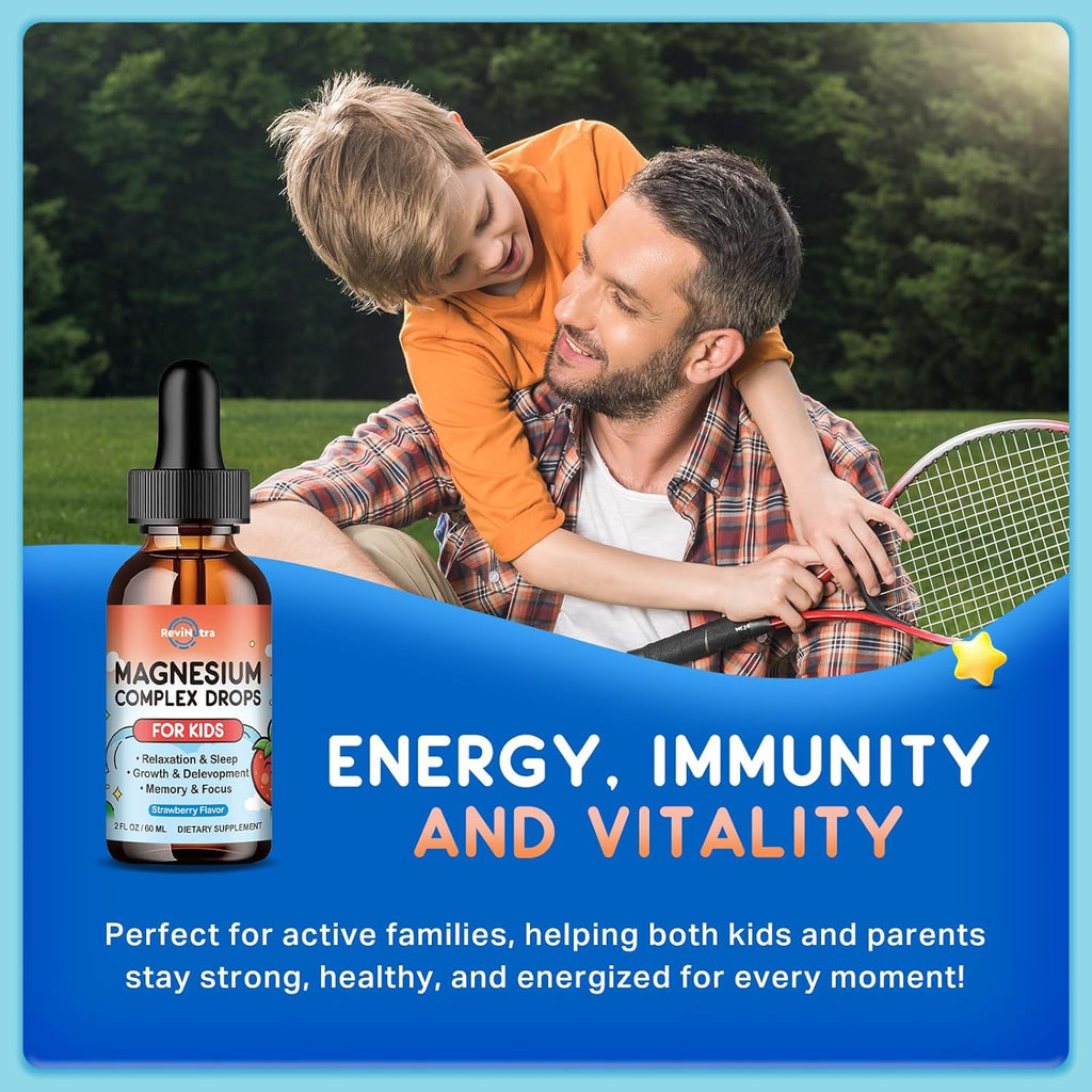 Magnesium for Kids, Kids Magnesium Glycinate Liquid Drops with Calcium, Zinc, L-Theanine, Vitamin D3 K2, C for Sleep, Relaxation, Calm, Focus, Brain,Mood, Bones & Muscles - Strawberry Flavor 2 Pack