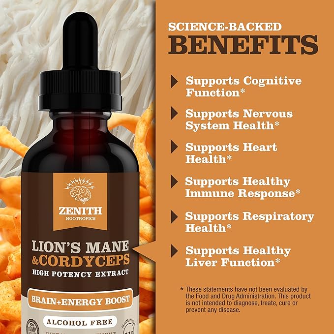 Lion’s Mane & Cordyceps Supplement – Brain & Energy Support – Focus, Memory, Clarity, Immunity – Vegan, Alcohol-Free Tincture – Up-to 2-Month Supply, 2 fl oz