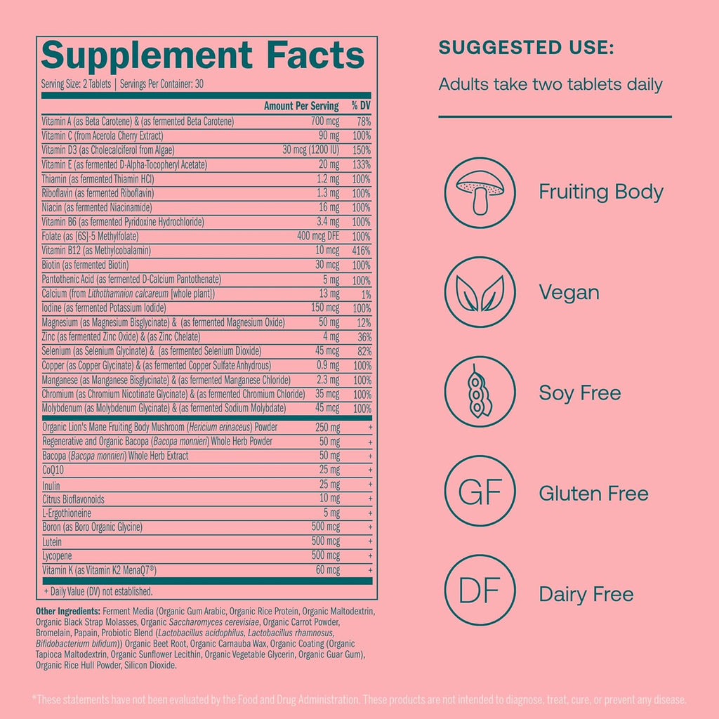 True Grace Daily Women’s Multivitamin 50+ - 60 Easy-to-Swallow Tablets - Immune, Energy, Longevity & Memory Support - Vegan - Gluten, Soy & Iron Free - 30 Servings