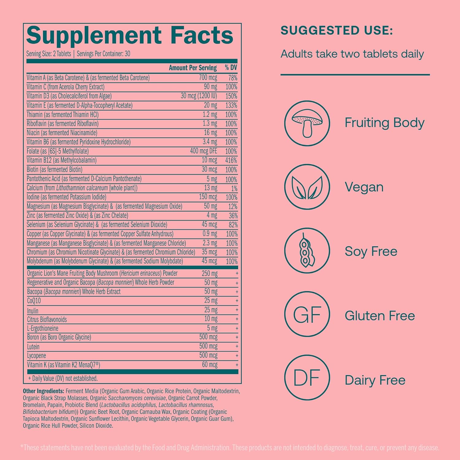 True Grace Daily Women’s Multivitamin 50+ - 60 Easy-to-Swallow Tablets - Immune, Energy, Longevity & Memory Support - Vegan - Gluten, Soy & Iron Free - 30 Servings