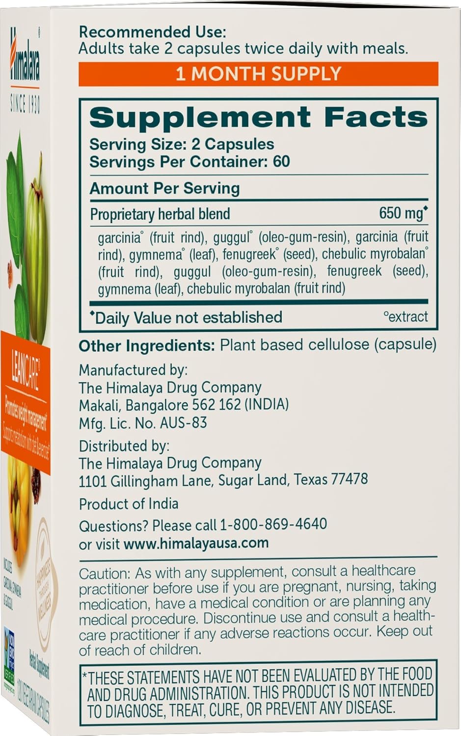 Himalaya LeanCare with Garcinia Cambogia for Weight Management, 600 mg, 1 Month Supply, 120 Caplets