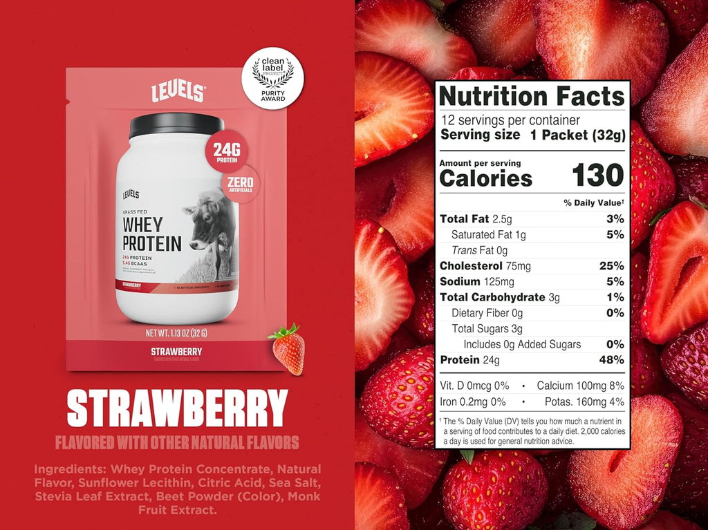 Levels Grass Fed Whey Protein Powder, No Artificials, 24G of Protein, Strawberry, 12 Count