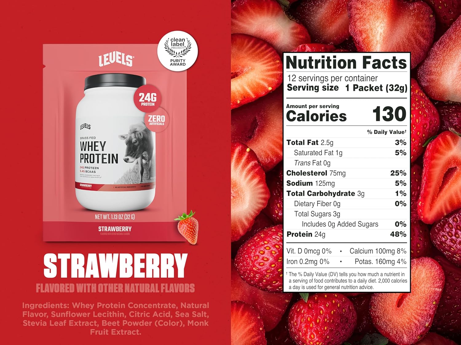 Levels Grass Fed Whey Protein Powder, No Artificials, 24G of Protein, Strawberry, 12 Count