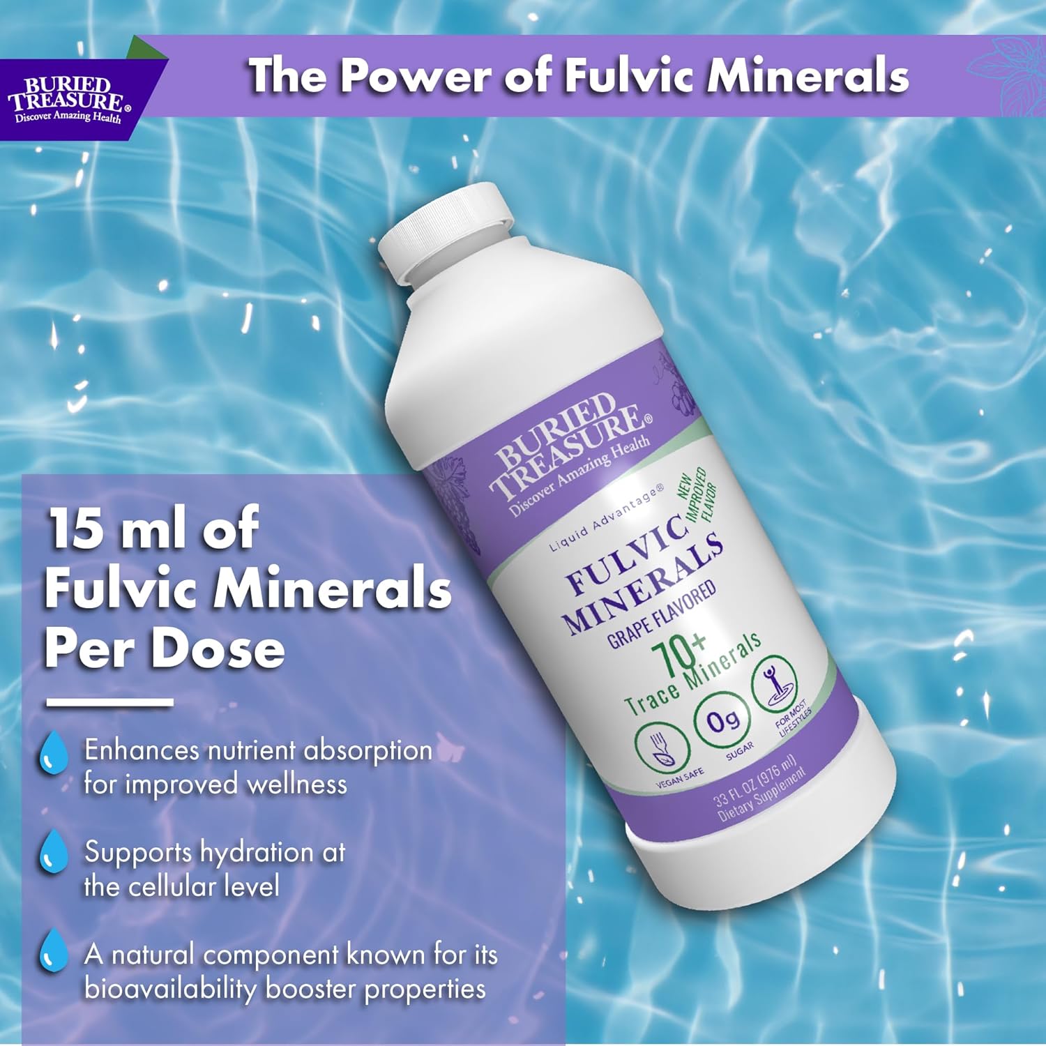 Buried Treasure Fulvic Minerals Grape Flavored – Colloidal Minerals from Humic Fulvic Acid, Electrolytes from Trace Minerals for Recovery and Wellness Support. Add to Water – 32 Servings