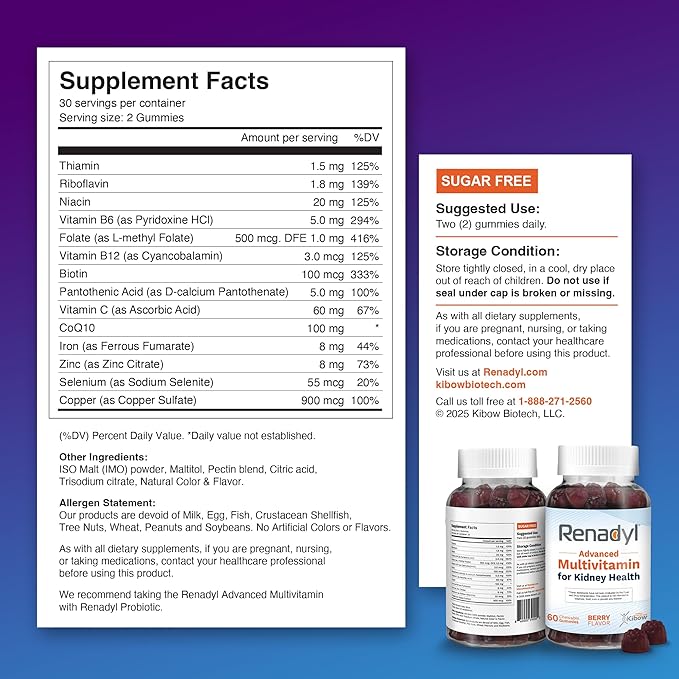 Renadyl Advanced Multivitamin Gummy for Kidney Health | Optimized Levels of Essential Vitamins and Minerals | 60 Chewable Gummies | Berry Flavored | Made in USA