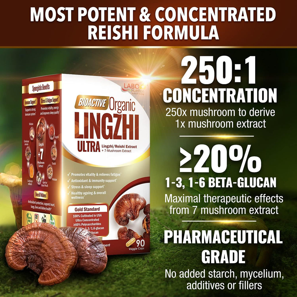 LABO Nutrition Bioactive Organic Lingzhi Reishi Ultra 7 Mushroom Extract Supplement Reishi Cordyceps Maitake Turkey Tail Agaricus blazei Murill Shiitake for Immune Support, Vitality, USDA Organic