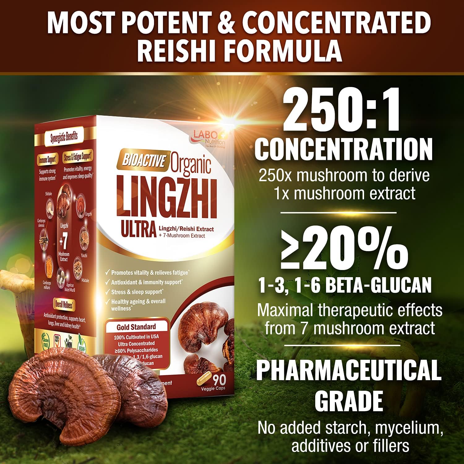 LABO Nutrition Bioactive Organic Lingzhi Reishi Ultra 7 Mushroom Extract Supplement Reishi Cordyceps Maitake Turkey Tail Agaricus blazei Murill Shiitake for Immune Support, Vitality, USDA Organic