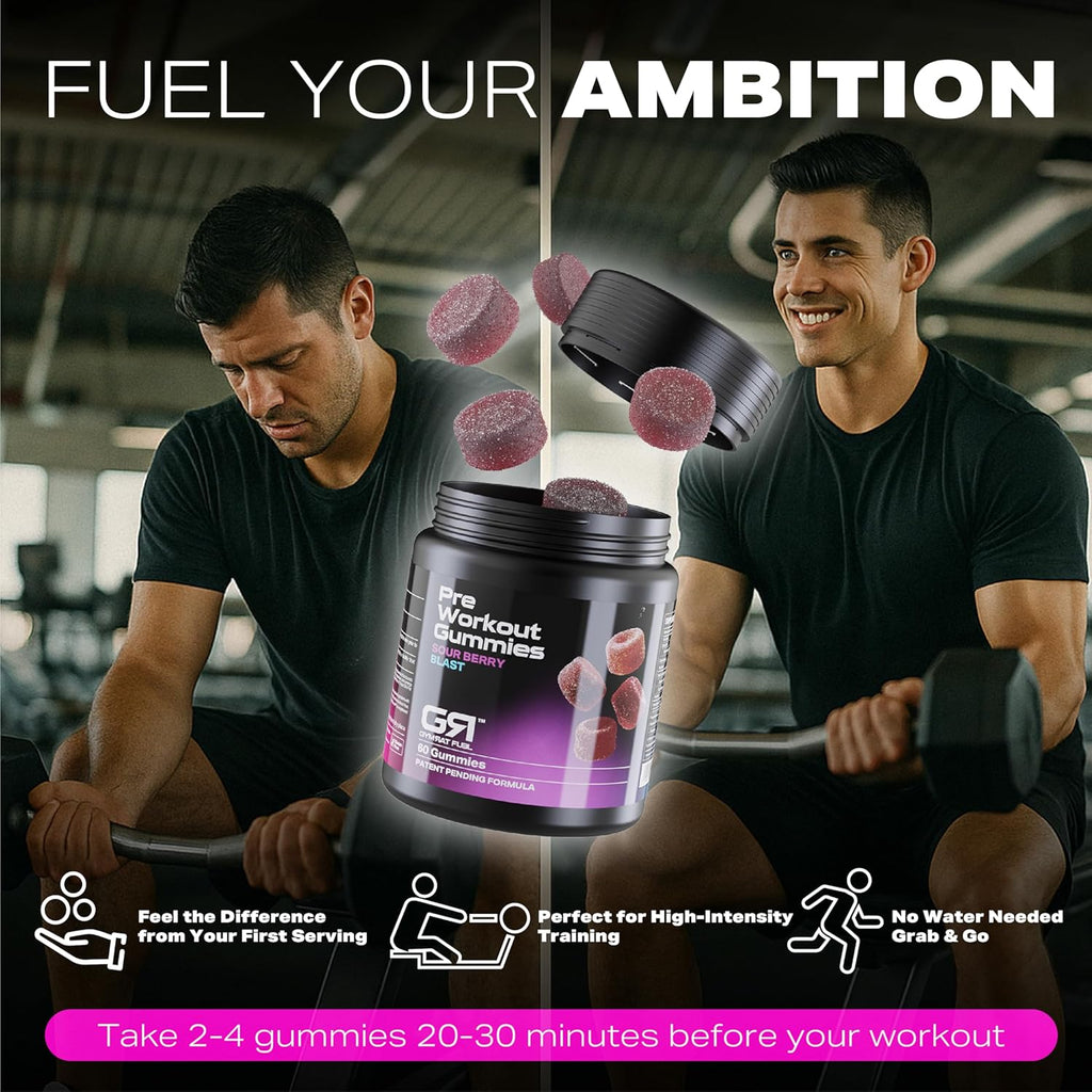 GymRat Pre Workout Gummies – Sour Berry Flavor, Intense Energy & Focus, First with Purple Force™, Vasodrive-AP, Guarana, Pea & L-Theanine – USA Made & GMP Certified (60 Ct)